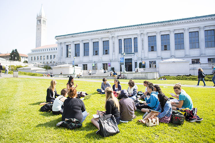  A group of sixteen students sitting on the lawn at the UC Berkeley campus with the Campanile and several other campus buildings in the background.