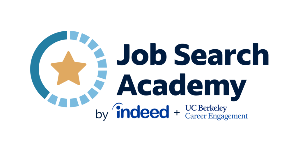 Image for Job Search Academy by Indeed and UC Berkeley Career Engagement. Yellow star with blue circle