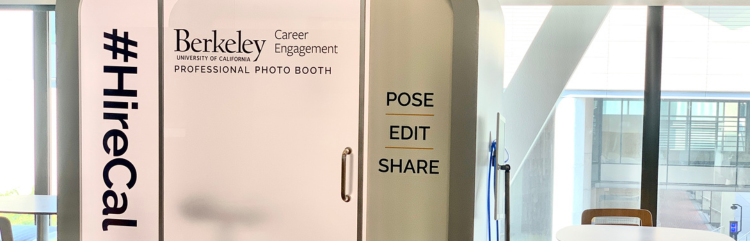 Photo of the UC Berkeley Career Engagement Professional Photo Booth. #HireCal, Pose | Edit | Share