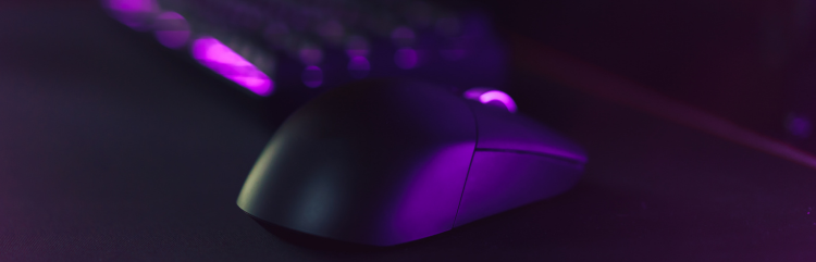 Picture of a computer mouse and keyboard in dark purple.